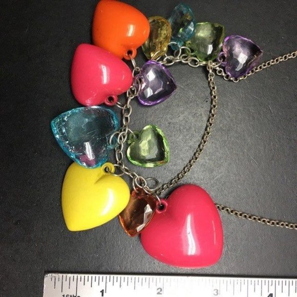 Heart Dangle Silver Necklace Multicolor Translucent Faceted Valentine Barbie - Picture 5 of 6